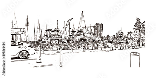 Building view with landmark of Istanbul is a major city in Turkey. Hand drawn sketch illustration in vector.