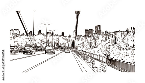 Building view with landmark of Istanbul is a major city in Turkey. Hand drawn sketch illustration in vector.