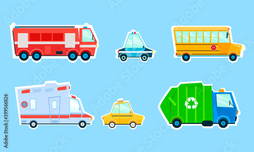 Set of stickers cars. Cartoon cars - fire engine, taxi, police, ambulance, garbage truck. Vector illustration.