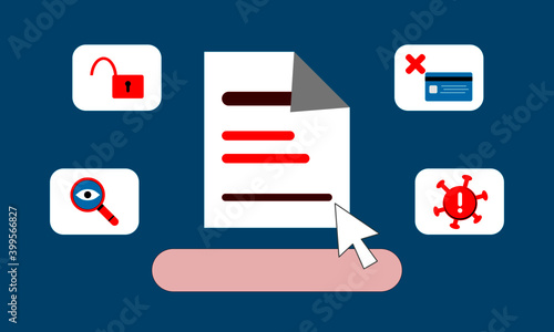 Malware computer from clicking on unsafe links or files flat vector icon.