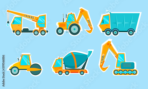 Construction vehicles stickers set. Cartoon cars - crane, concrete mixer, dump truck. Vector illustration.