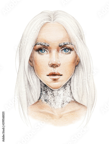 Photography portrait sketch of a young beautiful girl with white hair and blue eyes drawing