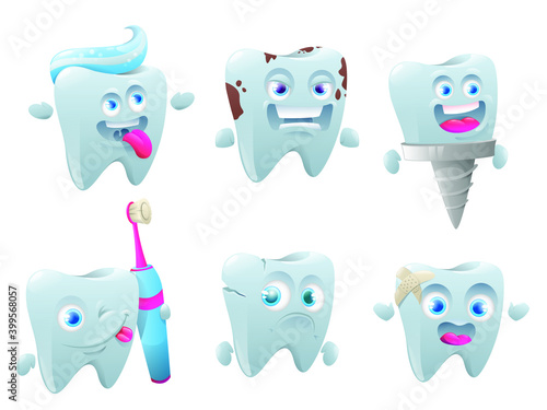 Cartoon character set of teeth. Cute teeth with different emotions set for label design. Cracked, boken, healthy white yellow diseased tooth denture on the implant, braces. Oral hygiene. Vector illust