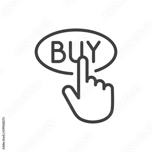 Tienda en línea. Logotipo lineal con texto Buy en botón con mano de cursor en color gris