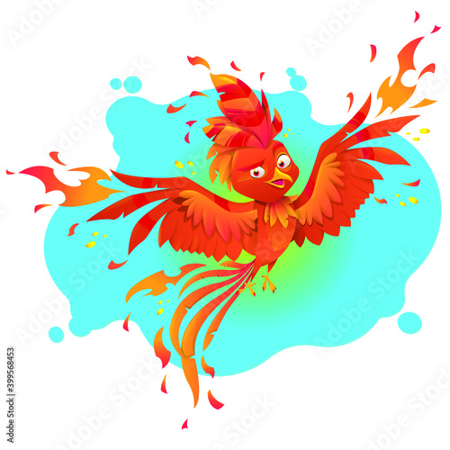 Fenix fire bird cartoon character. Burning fiery bird isolated  mascot logo design. Fairytale animal, symbol of immortality and reborn from ashes. Vector illustration