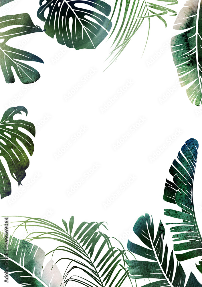Greeting card with tropical leaves, can be used as invitation card for wedding, birthday and other holiday and  summer background. Watercolor illustration. Botanical art