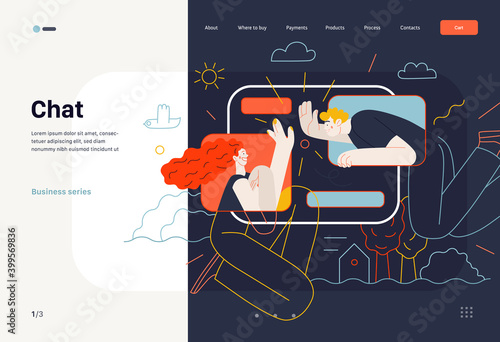 Business topics - chat, web template. Flat style modern outlined vector concept illustration. Tablet screen with messages of chatting couple - young man and woman. Business metaphor.