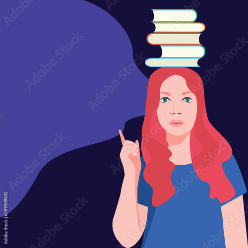  Girl or young woman with books on her head and pointing up. Vector illustration about education, book lover, reader, literature fan.