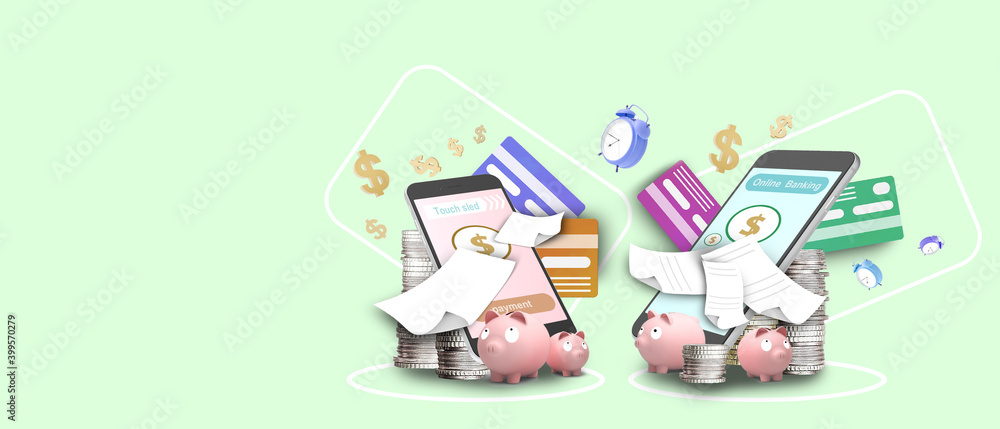 Online banking banner and website for internet banking on mobile phone and Green background. Electronic bank payment,copy space,Illustration,banner,Piggy Bank - 3d rendering Online banking banner and website for internet banking on mobile phone and Green background. Electronic bank payment,copy space,Illustration,banner,Piggy Bank - 3d rendering
