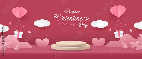 Happy Valentine's day background. Love scene studio product display in pink with cute elements.