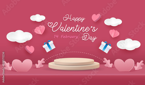 Happy Valentine's day background. Love scene studio product display in pink with cute elements.