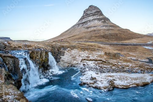 mt. kirkjufell on winter time waterfalls