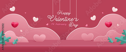 Happy Valentine's day background. Love scene studio product display in pink with cute elements.