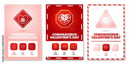 Valentine day coronavirus all in one icon poster set vector illustration. Coronavirus protection flyer with outline icon set and road warning sign. Stay at home, use face mask, use hand sanitizer