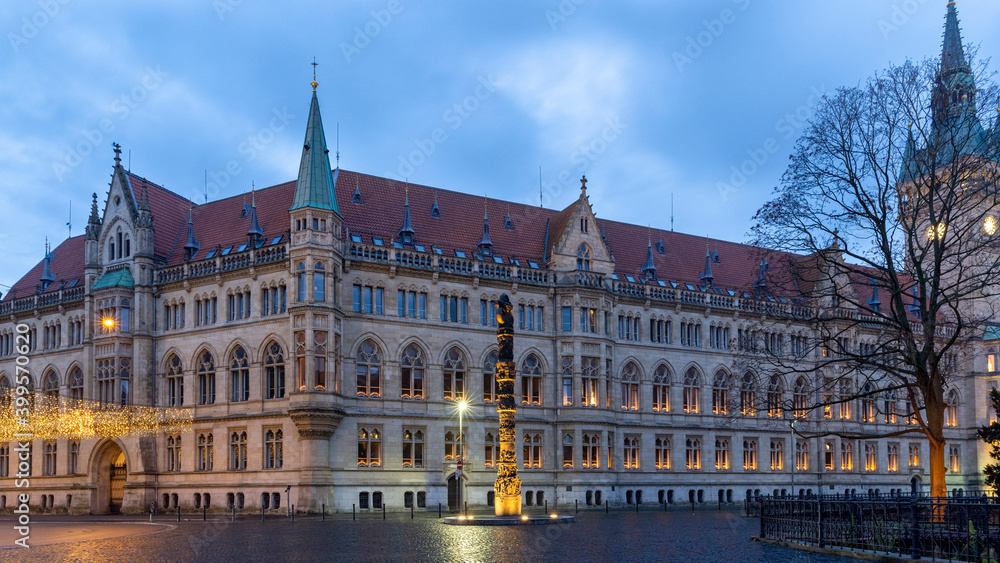 Medieval government building illuminated in Braunschweig winter night