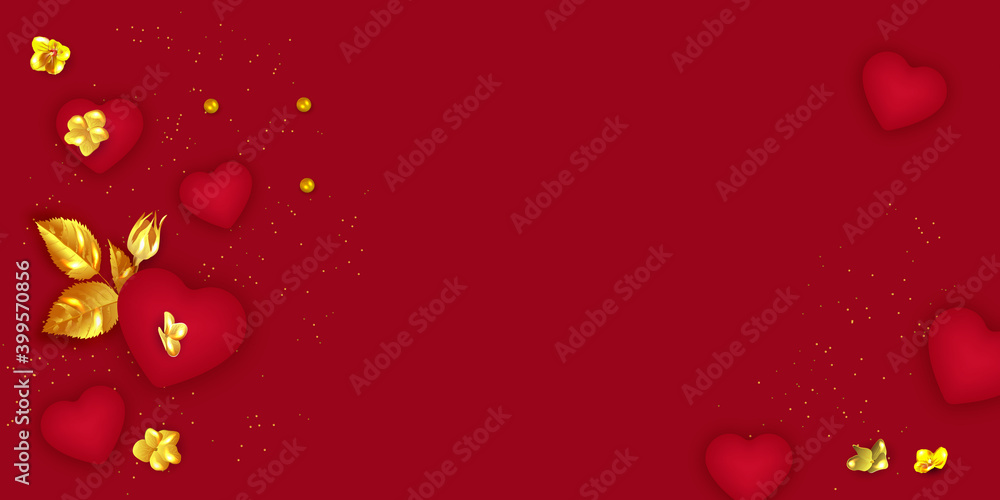 Valentine's Day banner. Mother's day poster. Background, poster, greeting card with golden flower and decorative hearts. 