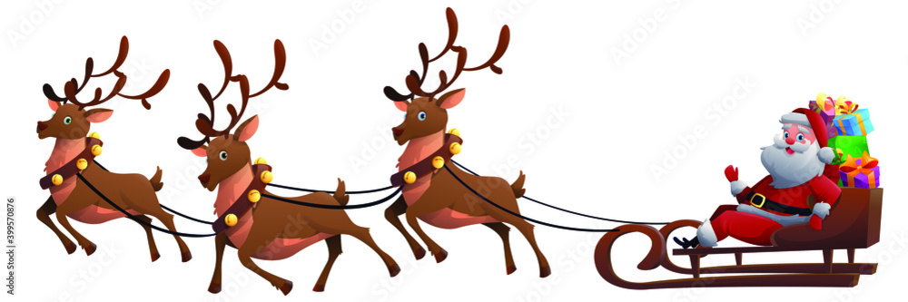 Fototapeta Cartoon santa claus with reindeer. Winter holiday, Christmas and Santa Claus flies in a sleigh with gifts. Christmas night, santa want to send a gift to people. Vector illustration