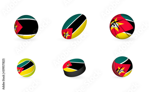 Sports equipment with flag of Mozambique. Sports icon set.