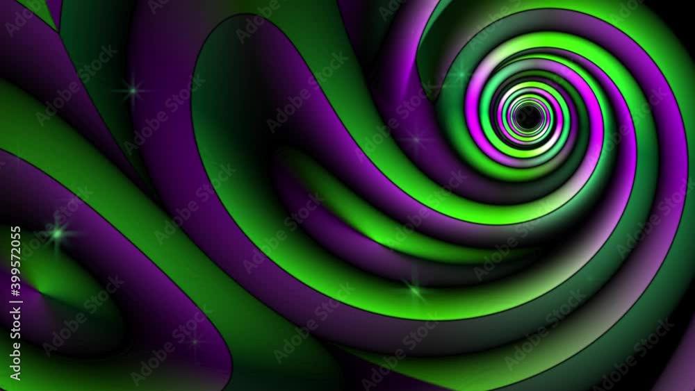 A multicolored fractal of green and purple shades with twinkling stars swirls into a vortex A multicolored fractal of green and purple shades with twinkling stars swirls into a vortex