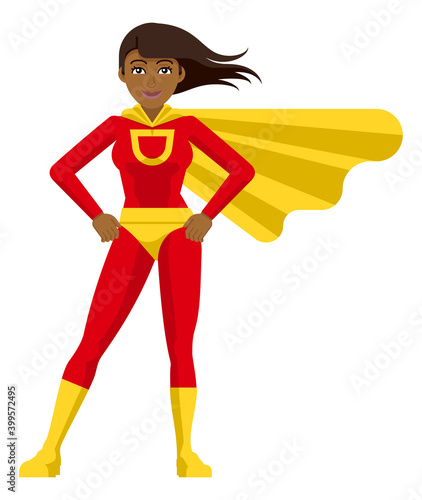 An Asian superhero cartoon mascot woman in her red and yellow super hero costume compete with cape in a flat modern cartoon style