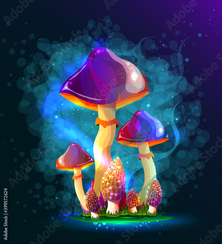 Mushrooms. Magic mushrooms in a fairy-tale fog and fireflies. On a dark background. A beautiful, mysterious sticker. Modern colors and lines.