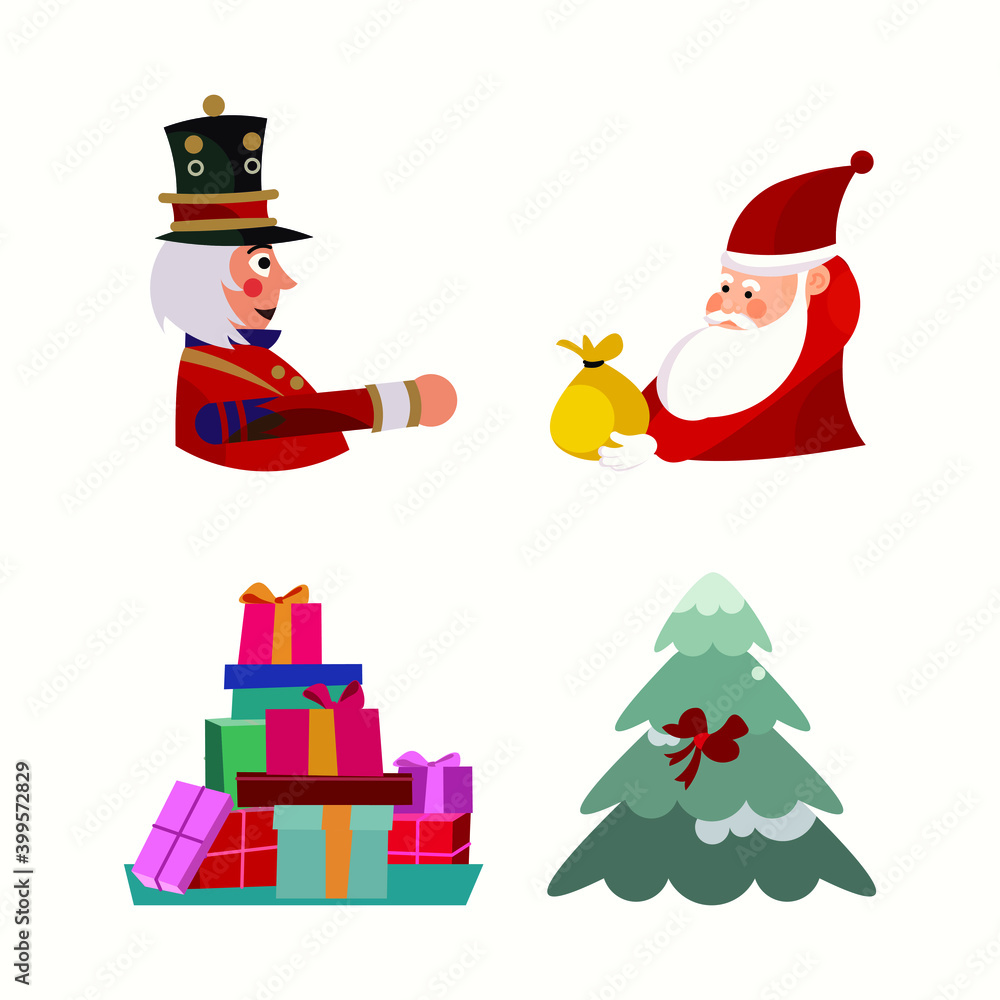 christmas illustration set. Christmas tree, presents, Santa Claus, and nutcracker. Best for Christmas illustrations, winter, holiday stories and Christmas happiness.