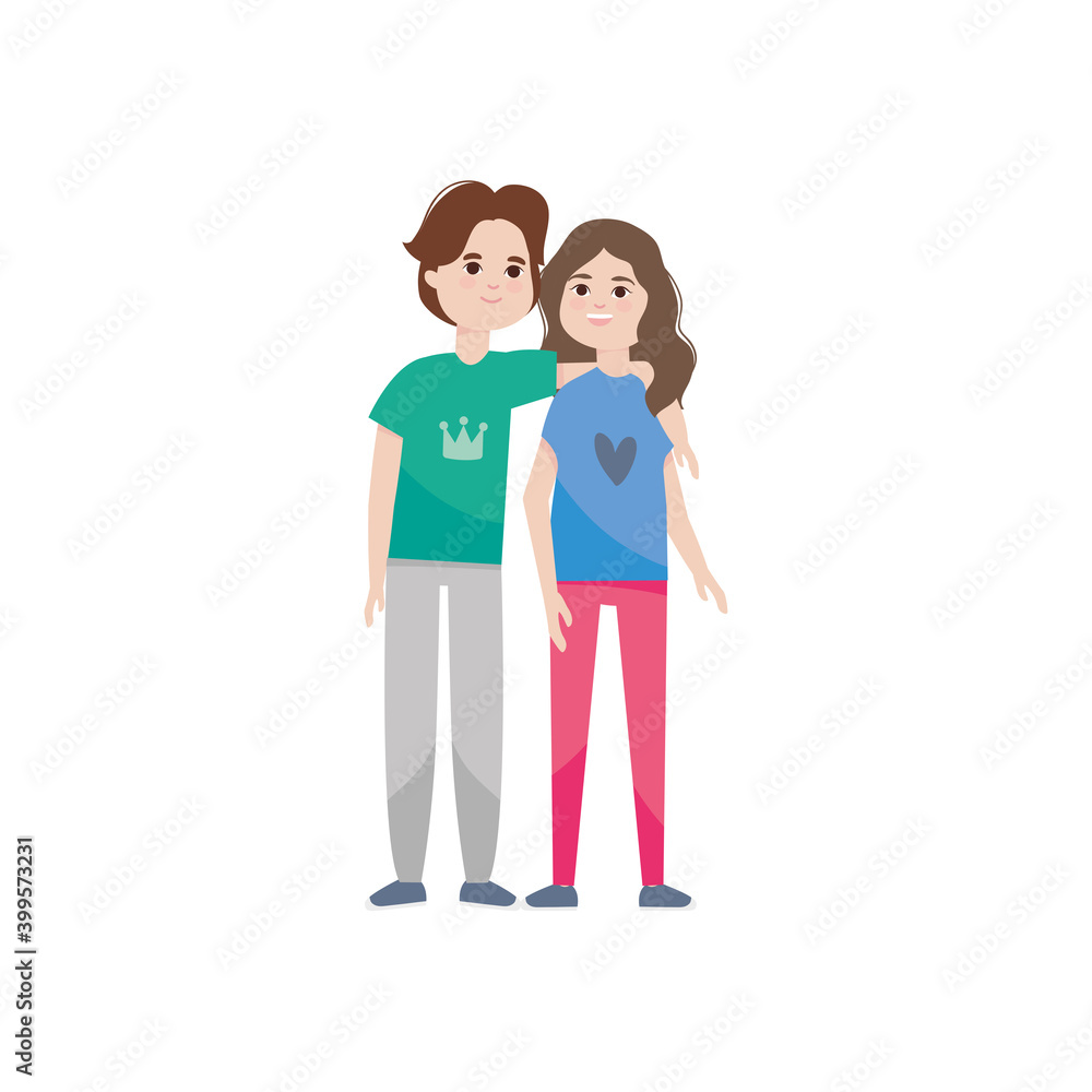 young man and girl standing, colorful design