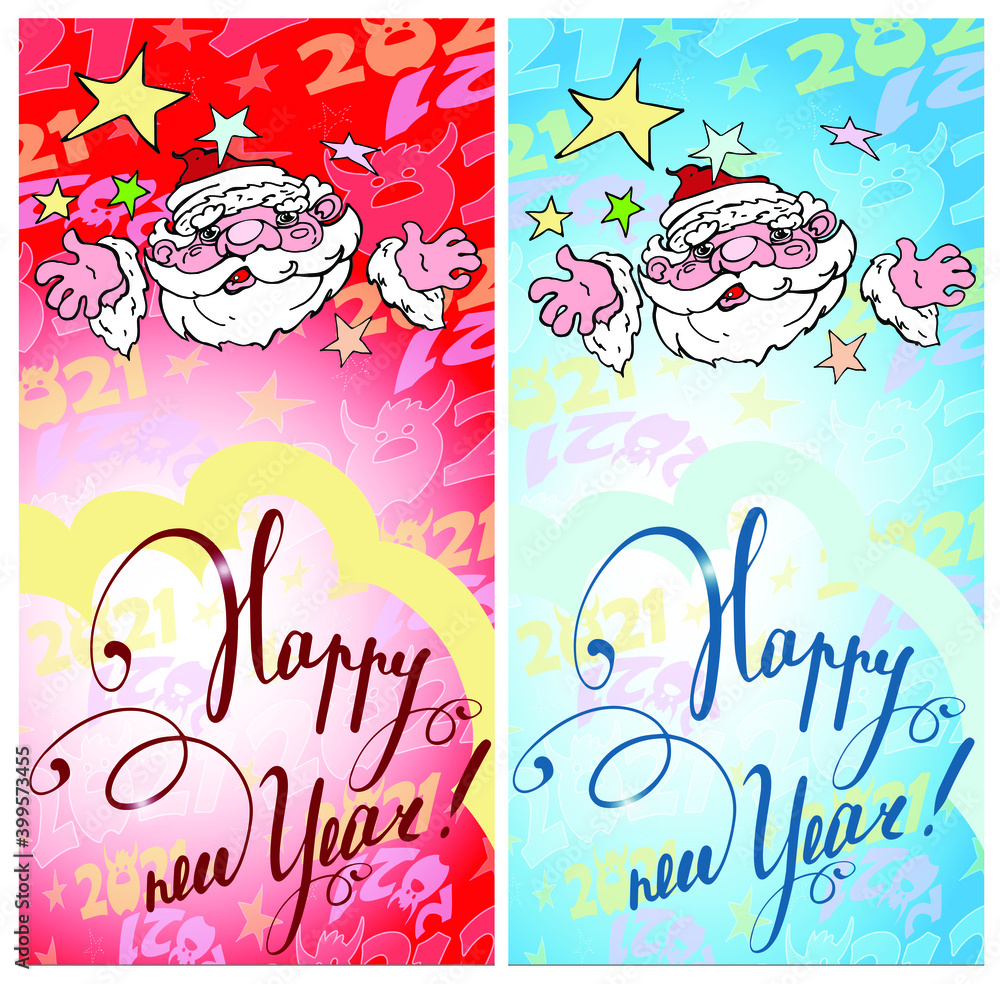 Naklejka premium Happy New Year. New Year's inscription.Vertical Christmas card. Santa Claus with stars. graphic decorative drawing, handmade. Colorful illustration for printing. On a red and blue background