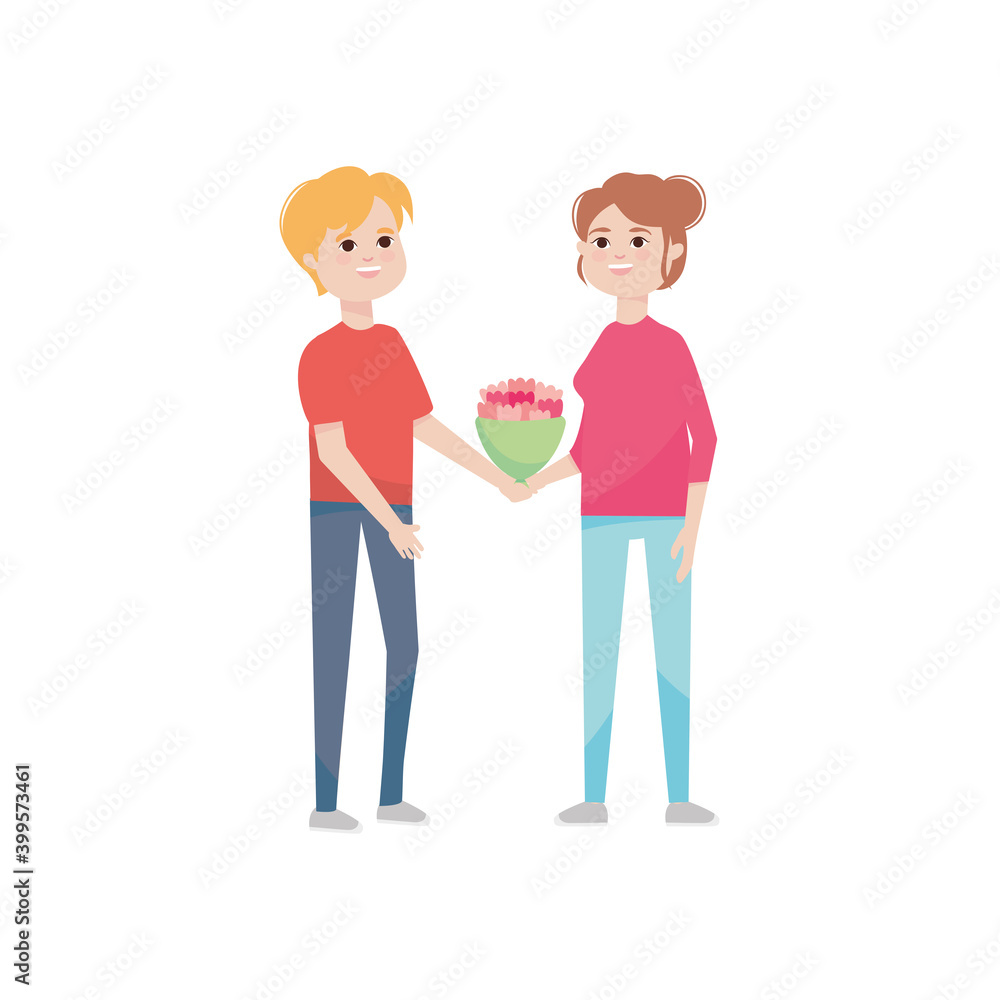 cartoon young man giving flowers bouquet to his girlfriend, colorful design cartoon young man giving flowers bouquet to his girlfriend, colorful design