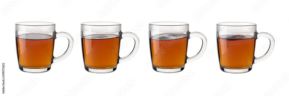 Tea in transparent glass mugs on a white background collage Tea in transparent glass mugs on a white background collage