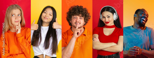 Collage of portraits of 5 young emotional people on multicolored studio background. Multiethnic. Concept of human emotions, facial expression, sales. Thoughtful, smiling, listening to music, laughting © master1305