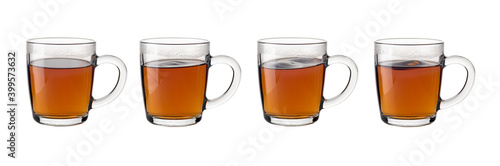 Tea in transparent glass mugs on a white background collage