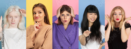 Collage of portraits of 5 young emotional girls on multicolored studio background. Multiethnic. Concept of human emotions, facial expression, sales. Thoughtful, shocked,astonished, pointing, smiling.