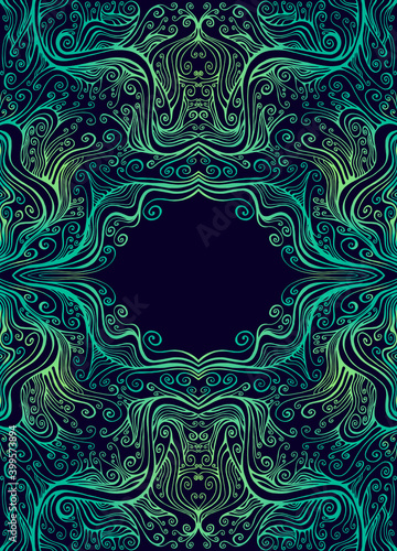 Vintage amazing symmetrical psychedelic frame with place for text, consisting of graceful curls patterns, gradient emerald yellow color contour, isolated on dark.