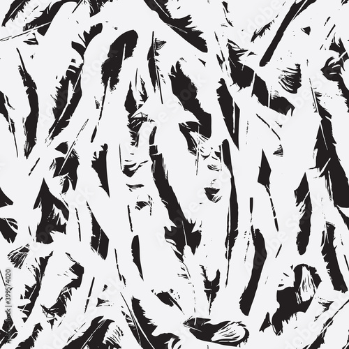 Abstract seamless pattern with white feathers on the black backdrop. Vector repeating background with disheveled bird plumes. Suitable for wallpaper, wrapping paper, fabric, textile