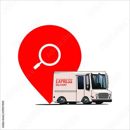 delivery tracking. delivevery van in front of pin location and search icon vecot illustration