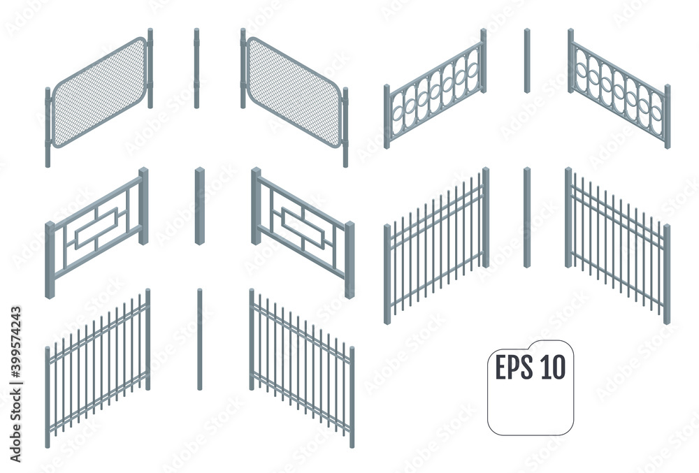 Isometric metal fence sections. Vector