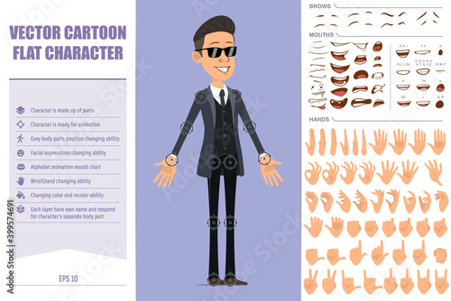 Cartoon flat funny mafia man character in black coat and sunglasses. Ready for animation. Face expressions, eyes, brows, mouth and hands easy to edit. Isolated on violet background. Big vector set.
