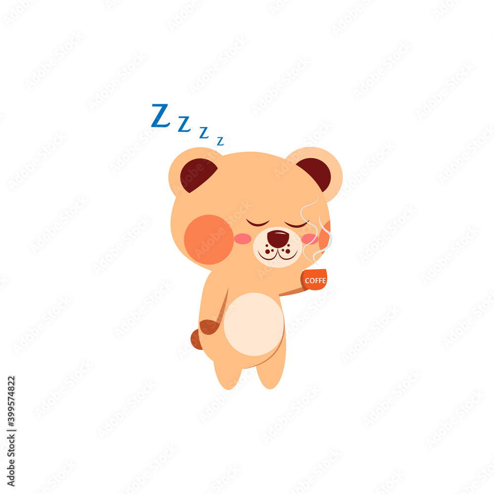 Fototapeta premium Isolated sleepy bear cartoon with a hot coffee cup. Vector illustration