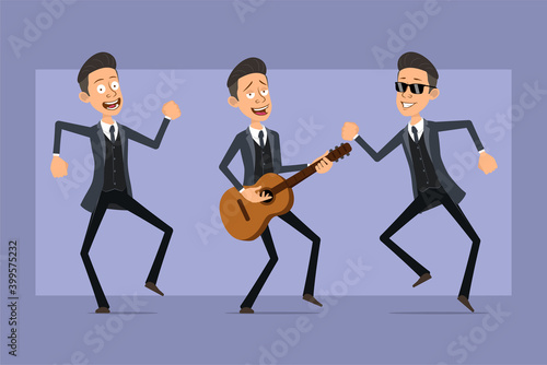 Cartoon flat funny mafia man character in black coat and sunglasses. Boy jumping, dancing and playing rock on guitar. Ready for animation. Isolated on violet background. Vector set. © GB_Art
