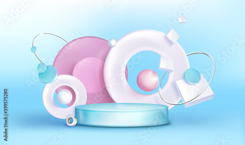 Podium, abstract background with geometric figures, empty cylindrical stage for award ceremony, product presentation platform, pedestal, rings or spheres on blue backdrop, Realistic 3d vector concept