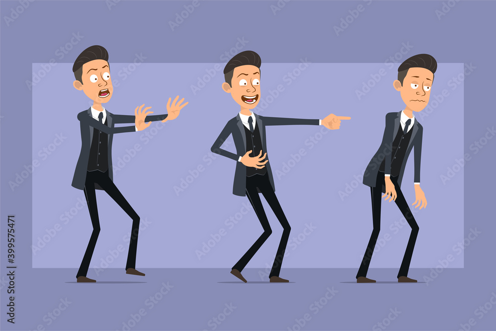 Cartoon flat funny mafia man character in black coat and sunglasses. Boy scared, sad, tired and showing evil smile. Ready for animation. Isolated on violet background. Vector set. Cartoon flat funny mafia man character in black coat and sunglasses. Boy scared, sad, tired and showing evil smile. Ready for animation. Isolated on violet background. Vector set.