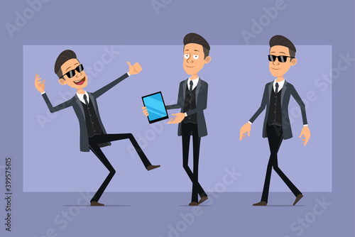 Cartoon flat funny mafia man character in black coat and sunglasses. Boy walking, holding smart tablet and showing thumbs up sign. Ready for animation. Isolated on violet background. Vector set. © GB_Art