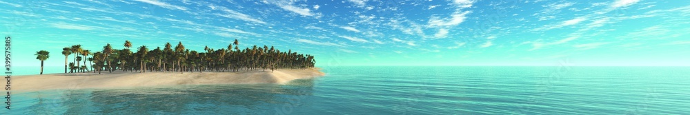 Sea island panorama, sea landscape panorama, tropical island panorama, 3D rendering