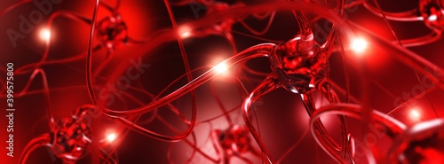 Neural network of the brain, neuron close-up, active neuron, 3d rendering