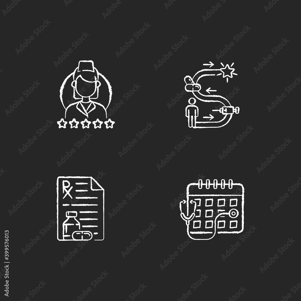 Online medical service chalk white icons set on black background. Review doctor. Therapy journey. Receiving medication prescribed online. Consultation time. Isolated vector chalkboard illustrations