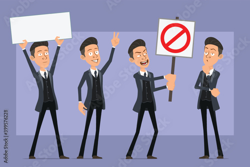 Cartoon flat funny mafia man character in black coat and sunglasses. Boy showing peace sign and holding no entry stop sign. Ready for animation. Isolated on violet background. Vector set.