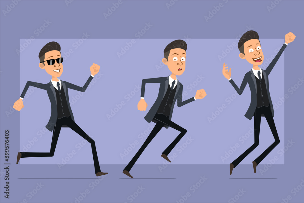 Fototapeta premium Cartoon flat funny mafia man character in black coat and sunglasses. Boy running fast forward and jumping up. Ready for animation. Isolated on violet background. Vector set.