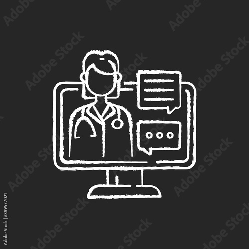 Chat consultation chalk white icon on black background. Personalized care for urgent and on-going medical conditions. Messaging between client and therapist. Isolated vector chalkboard illustration