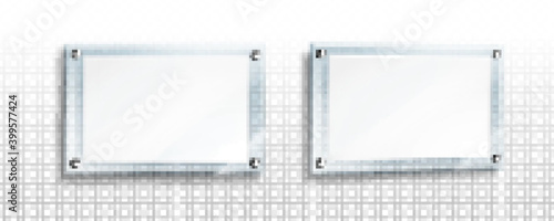 White poster in glass or acrylic frame with steel bolts in front and perspective view. Vector realistic mockup of 3d plexiglass clear board with blank sheet isolated on transparent background